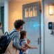 Indoor smart home security system with a family reaching the doorbell camera.