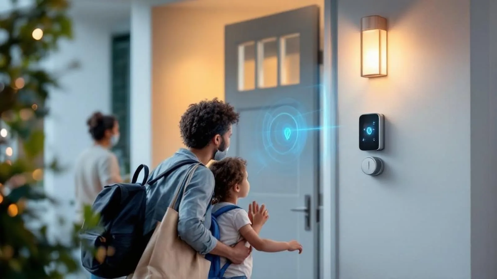 Indoor smart home security system with a family reaching the doorbell camera.