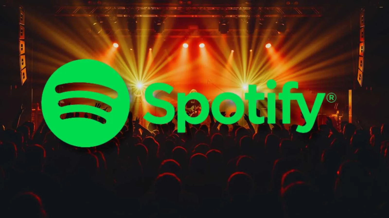 Spotify logo over a concert crowd with stage lights and colorful effects.