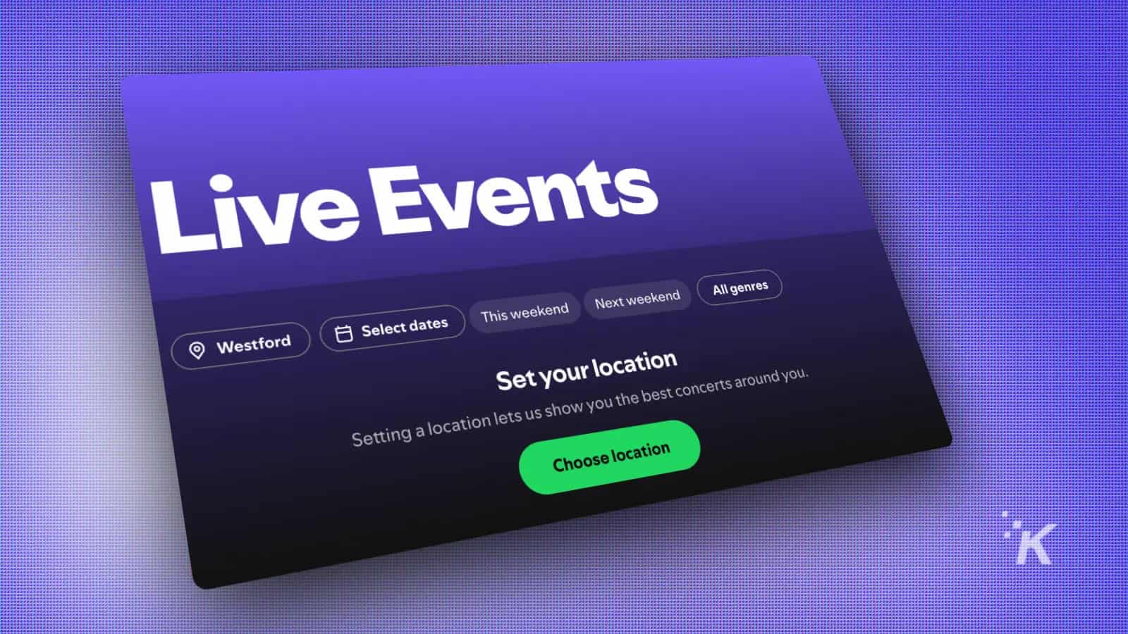 Live events location selection interface.