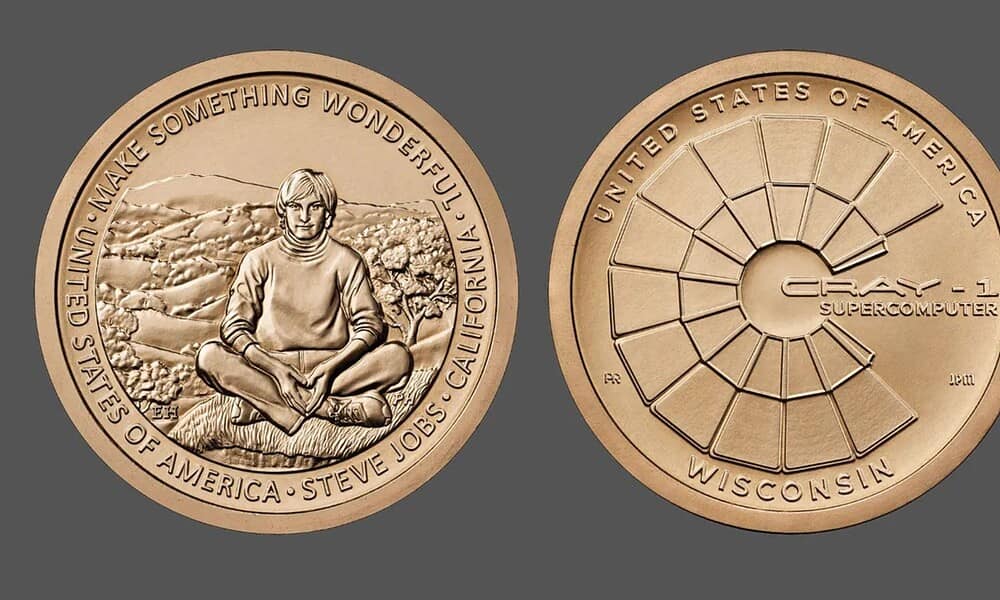 Inspiration 1g coin featuring Steve Jobs sitting in a natural landscape and the word 'GRAY-1' with supercomputer design and 'UNITED STATES OF AMERICA' around the edge.