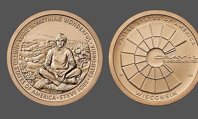 Inspiration 1g coin featuring Steve Jobs sitting in a natural landscape and the word 'GRAY-1' with supercomputer design and 'UNITED STATES OF AMERICA' around the edge.