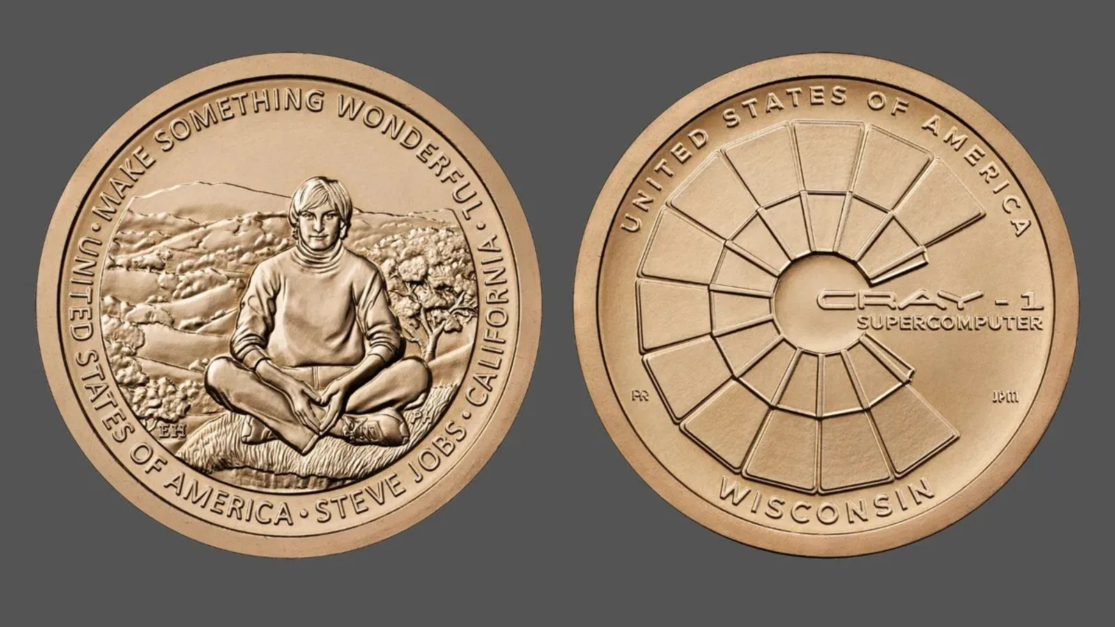 Inspiration 1g coin featuring Steve Jobs sitting in a natural landscape and the word 'GRAY-1' with supercomputer design and 'UNITED STATES OF AMERICA' around the edge.