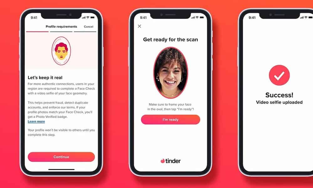 High-quality mobile screens showing face verification process on dating app, with selfie upload confirmation and success message, emphasizing online security and profile verification for dating platforms.