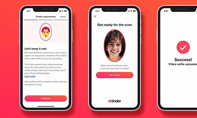 High-quality mobile screens showing face verification process on dating app, with selfie upload confirmation and success message, emphasizing online security and profile verification for dating platforms.