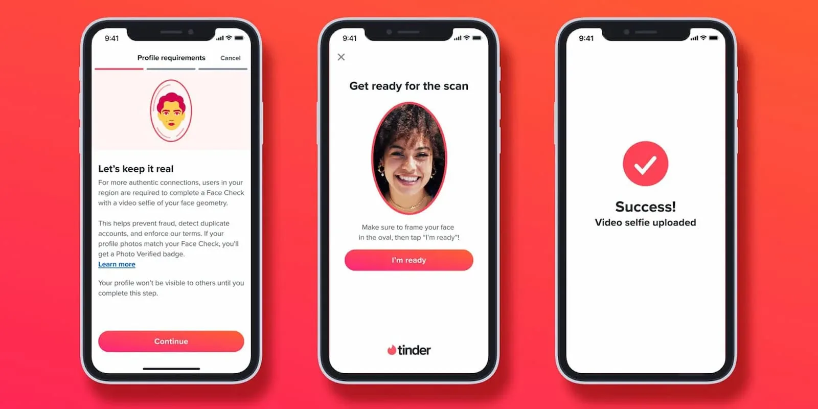 High-quality mobile screens showing face verification process on dating app, with selfie upload confirmation and success message, emphasizing online security and profile verification for dating platforms.