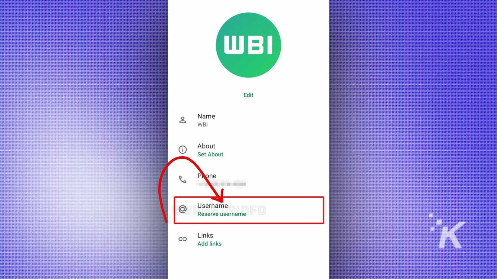WBI profile screenshot showing username reservation feature with a red arrow pointing to the username field.