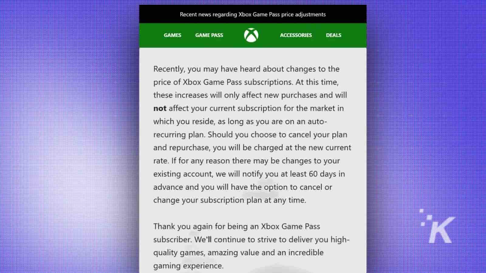 Xbox Game Pass price adjustment notification on KnowTechie website.