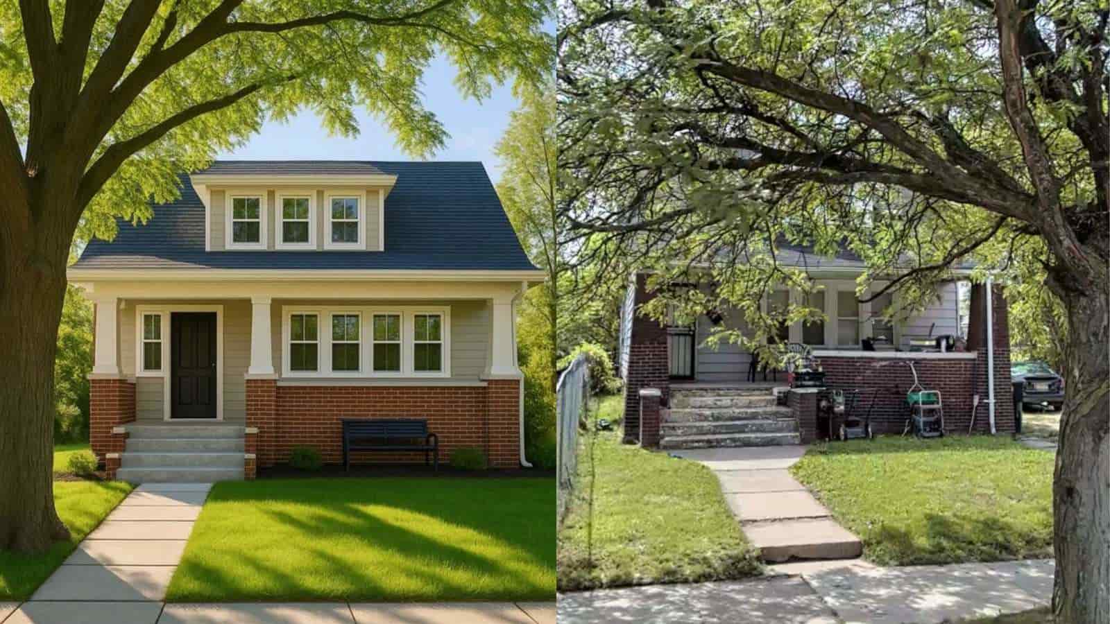 A side-by-side comparison of two residential houses with front yards and mature trees, showcasing differences in home exterior styles, landscaping, and neighborhood ambiance.