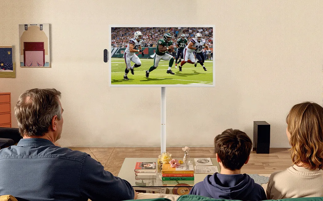Enjoying a home game on the TV with family, watching a thrilling football match on a large screen in a cozy living room. Perfect family bonding experience while catching the latest sports action.