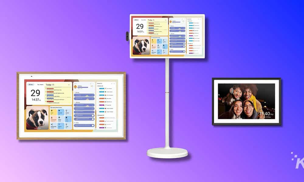Smart home digital photo frames displaying family photos and digital planners, modern technology for home organization and entertainment, sleek design with vibrant background.