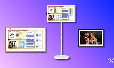 Smart home digital photo frames displaying family photos and digital planners, modern technology for home organization and entertainment, sleek design with vibrant background.