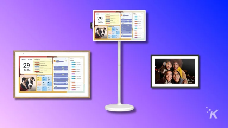 Smart home digital photo frames displaying family photos and digital planners, modern technology for home organization and entertainment, sleek design with vibrant background.