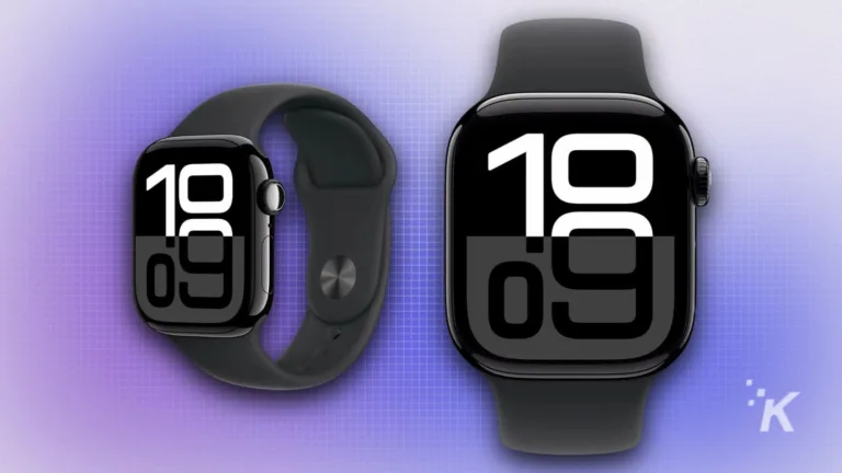 Smartwatch with large digital display, black band, and sleek design on a purple gradient background, showcasing wearable technology in modern health and fitness tracking.