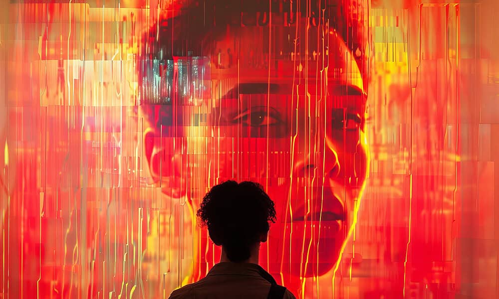 A person observing a large digital art installation featuring a futuristic, glowing human face in red and orange hues, representing technology and innovation themes.