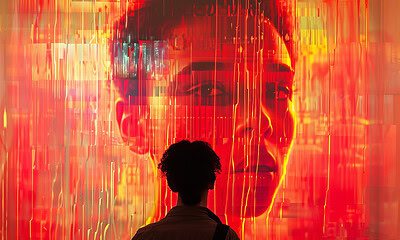 A person observing a large digital art installation featuring a futuristic, glowing human face in red and orange hues, representing technology and innovation themes.