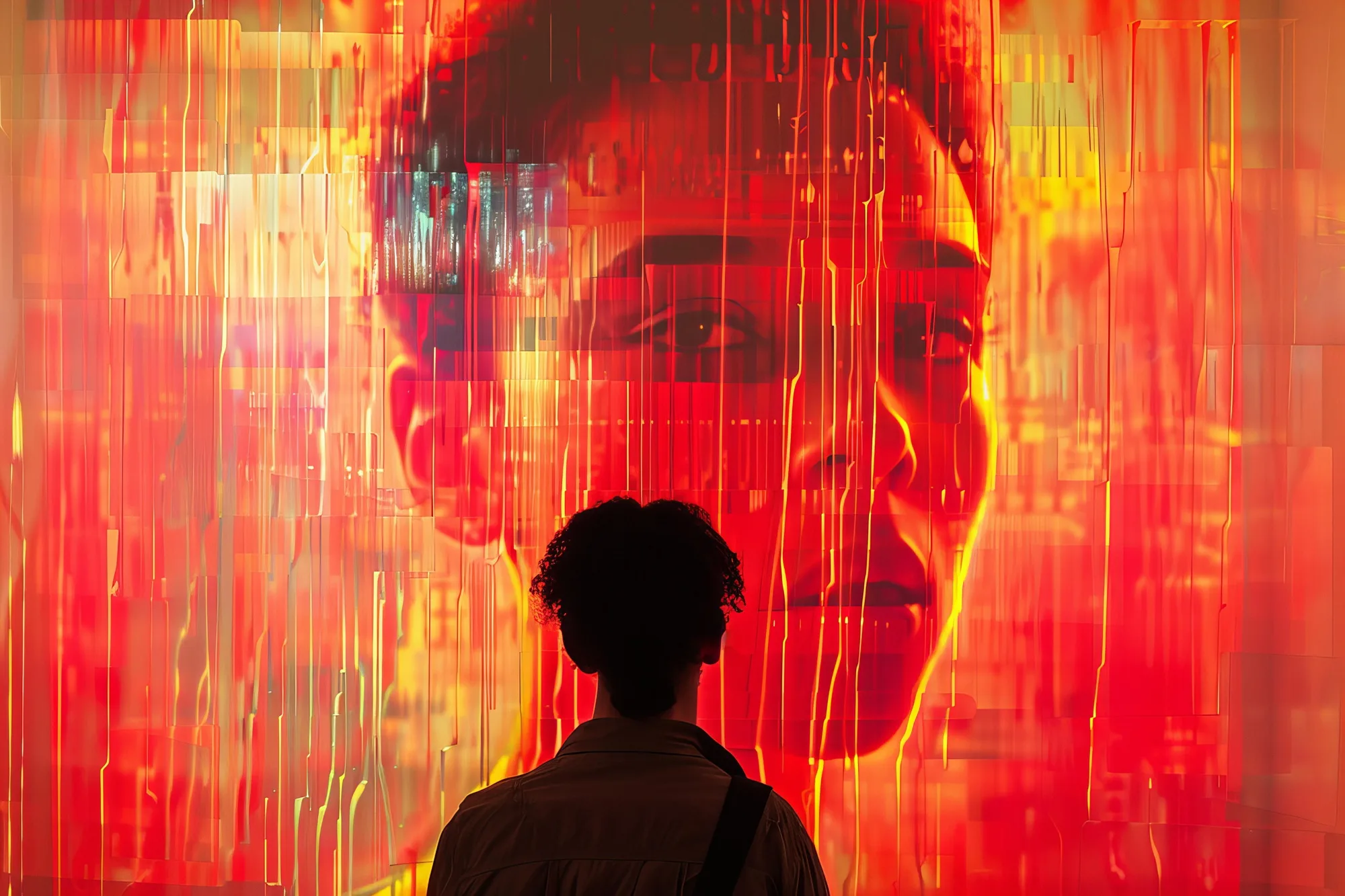 A person observing a large digital art installation featuring a futuristic, glowing human face in red and orange hues, representing technology and innovation themes.