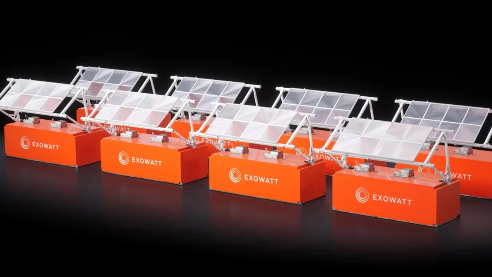 High-efficiency solar panels mounted on orange Exowatt branded bases, showcasing innovative renewable energy technology for sustainable power generation.