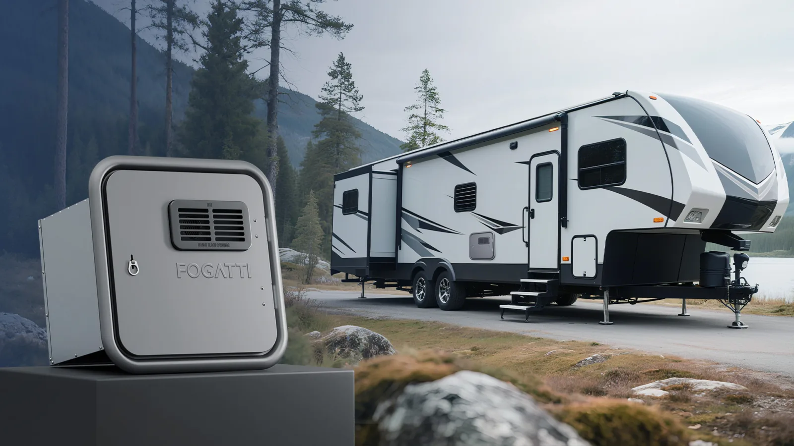 RV heater next to recreational vehicle in forest