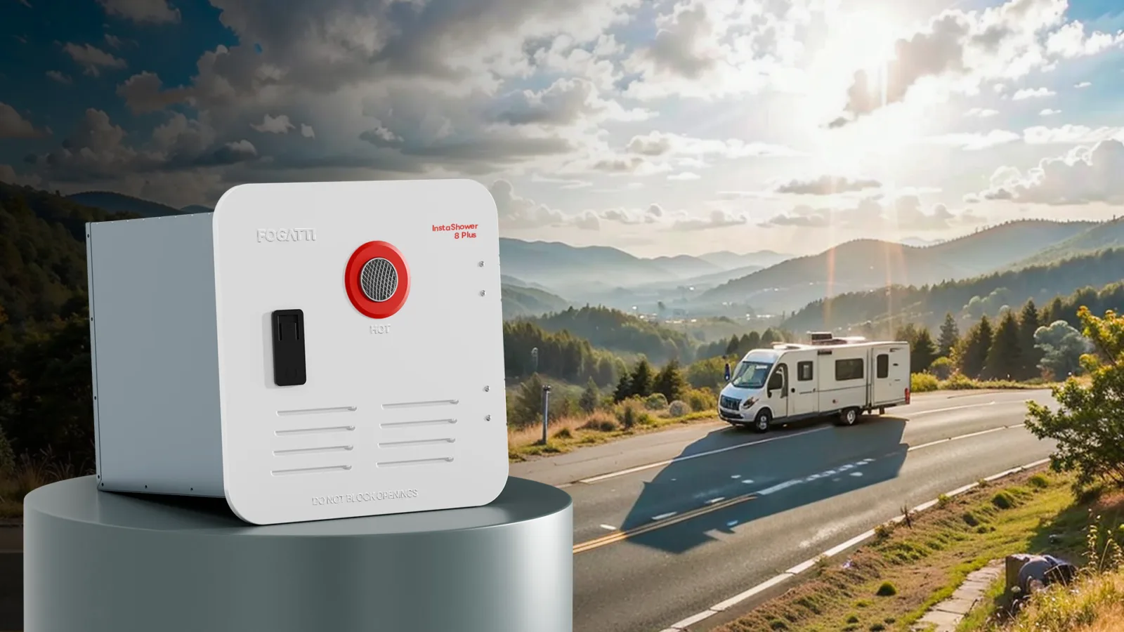 RV water heater with scenic mountain view