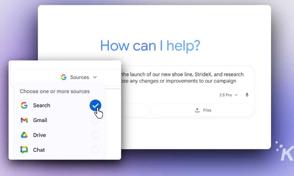 Google sources selection menu for search and Gmail integration in Google Workspace.