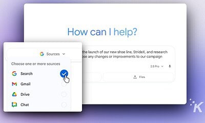 Google sources selection menu for search and Gmail integration in Google Workspace.