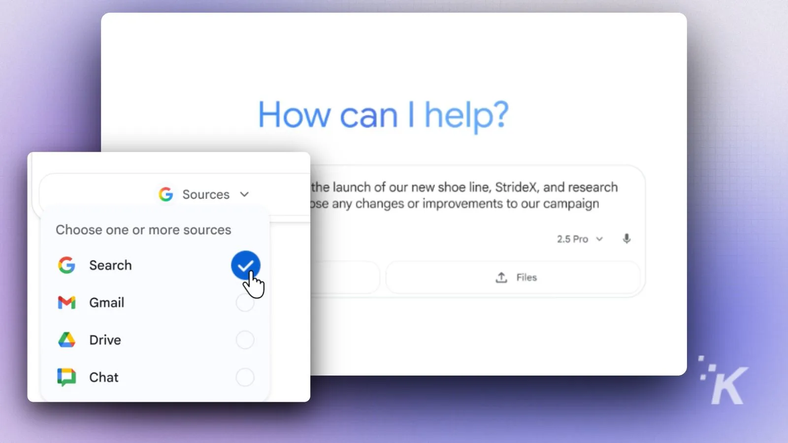 Google sources selection menu for search and Gmail integration in Google Workspace.