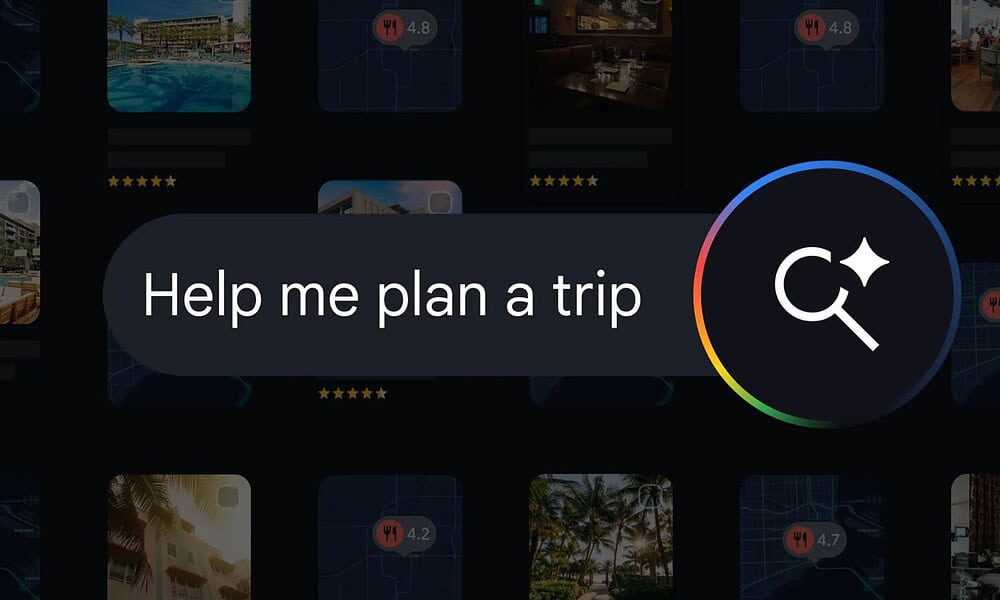 Magnifying glass icon with "Help me plan a trip" text overlay for travel planning app feature.
