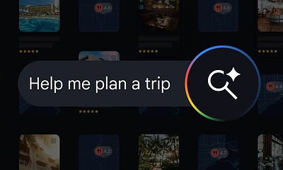 Magnifying glass icon with "Help me plan a trip" text overlay for travel planning app feature.
