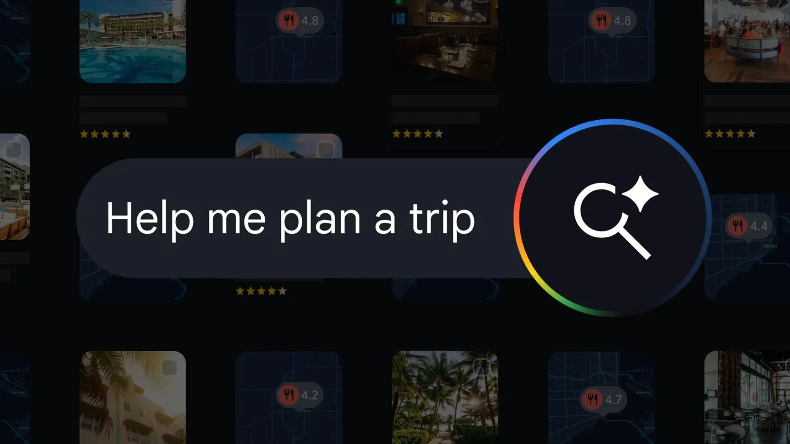 Magnifying glass icon with "Help me plan a trip" text overlay for travel planning app feature.