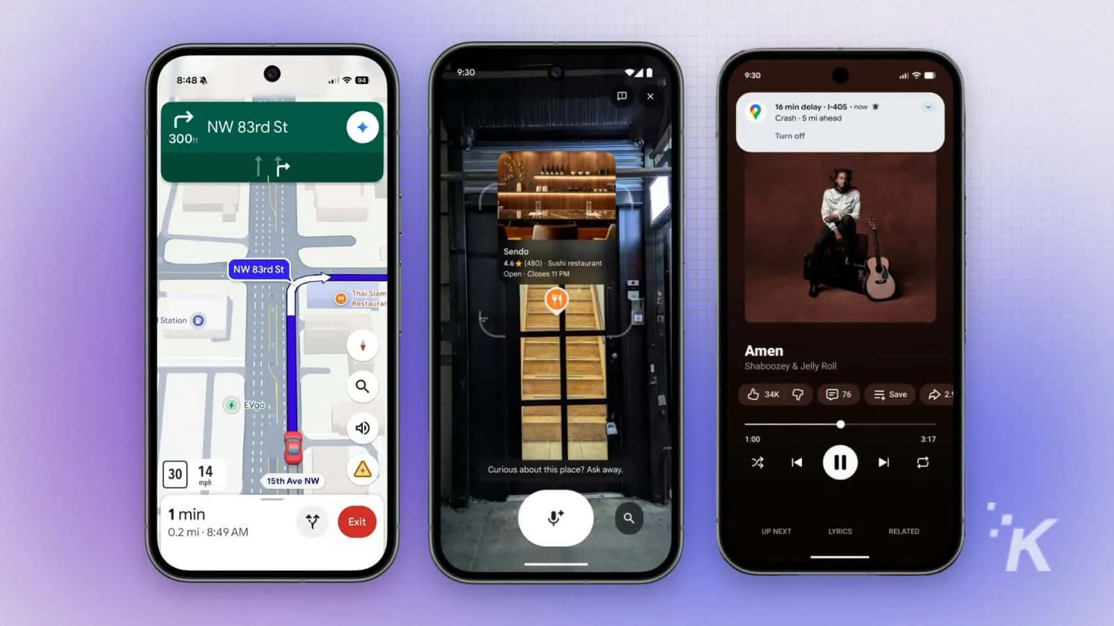 Mobile GPS navigation app displaying driving directions and traffic updates.