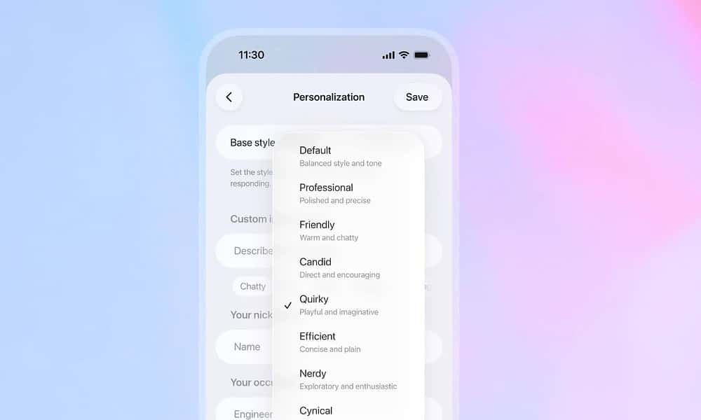 A smartphone screen displaying personalization options with style categories like Default, Professional, Friendly, Candid, Quirky, Efficient, Nerdy, and Cynical for customizing app responses.