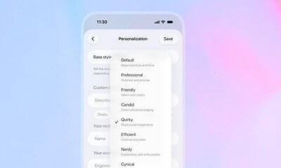 A smartphone screen displaying personalization options with style categories like Default, Professional, Friendly, Candid, Quirky, Efficient, Nerdy, and Cynical for customizing app responses.