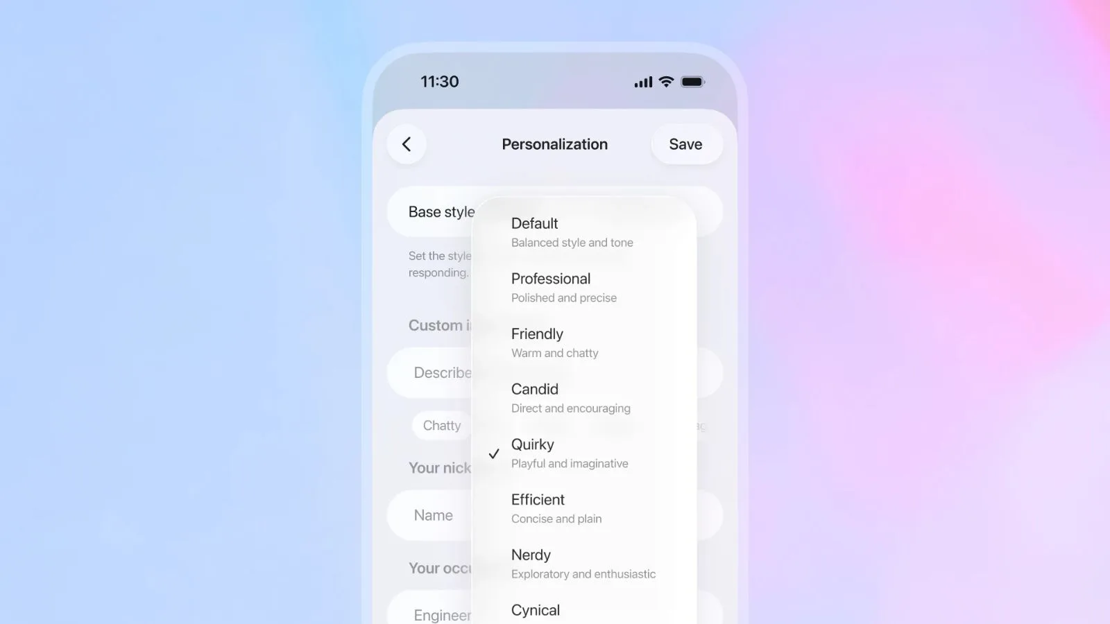A smartphone screen displaying personalization options with style categories like Default, Professional, Friendly, Candid, Quirky, Efficient, Nerdy, and Cynical for customizing app responses.