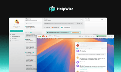 Remote desktop management and technical support software interface showcasing HelpWire and macOS Sonoma screen sharing features for IT professionals.