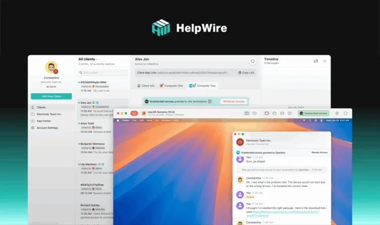 Remote desktop management and technical support software interface showcasing HelpWire and macOS Sonoma screen sharing features for IT professionals.