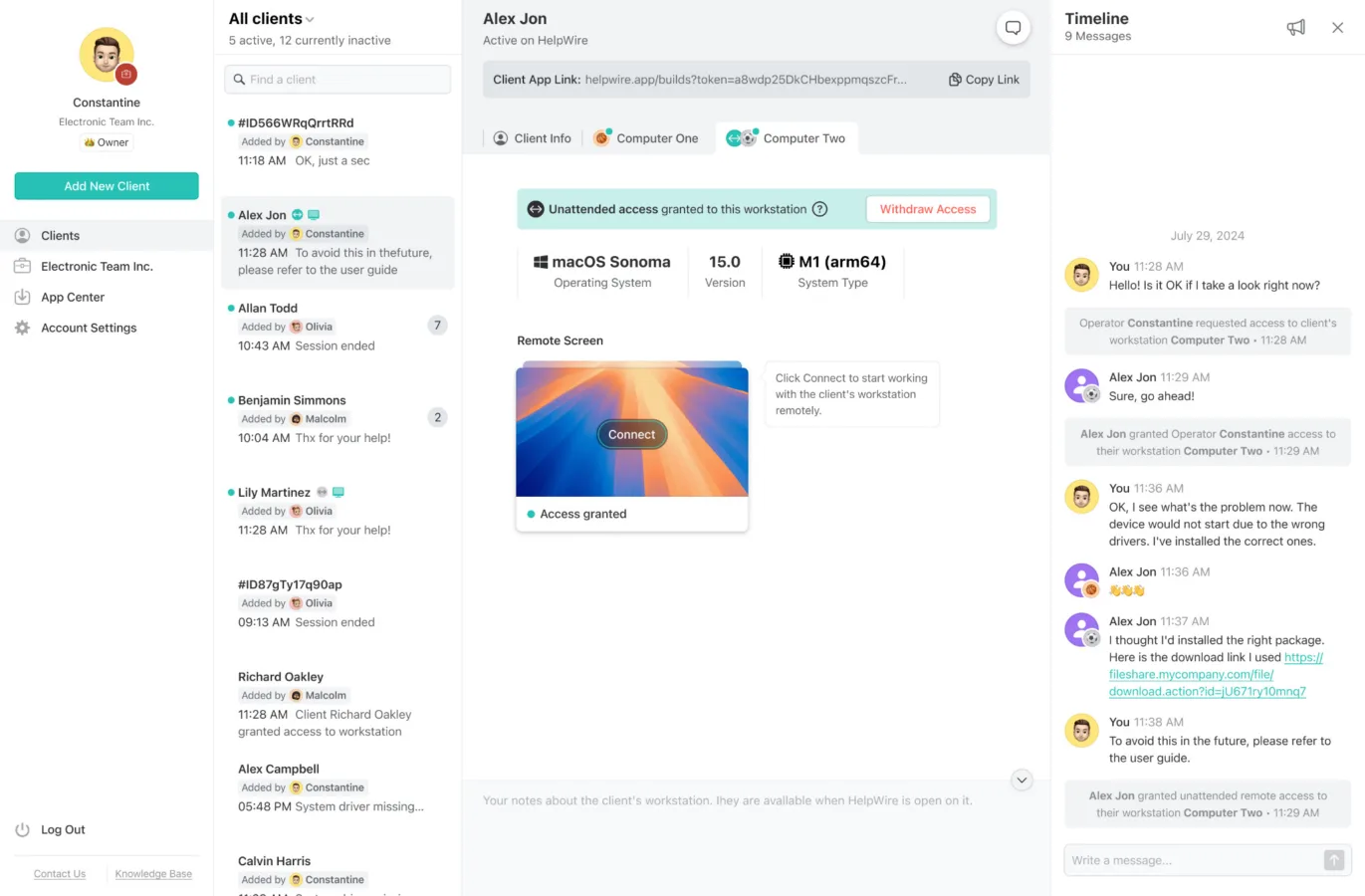 Helpdesk technician remotely accessing a MacBook running macOS Sonoma for troubleshooting purposes.