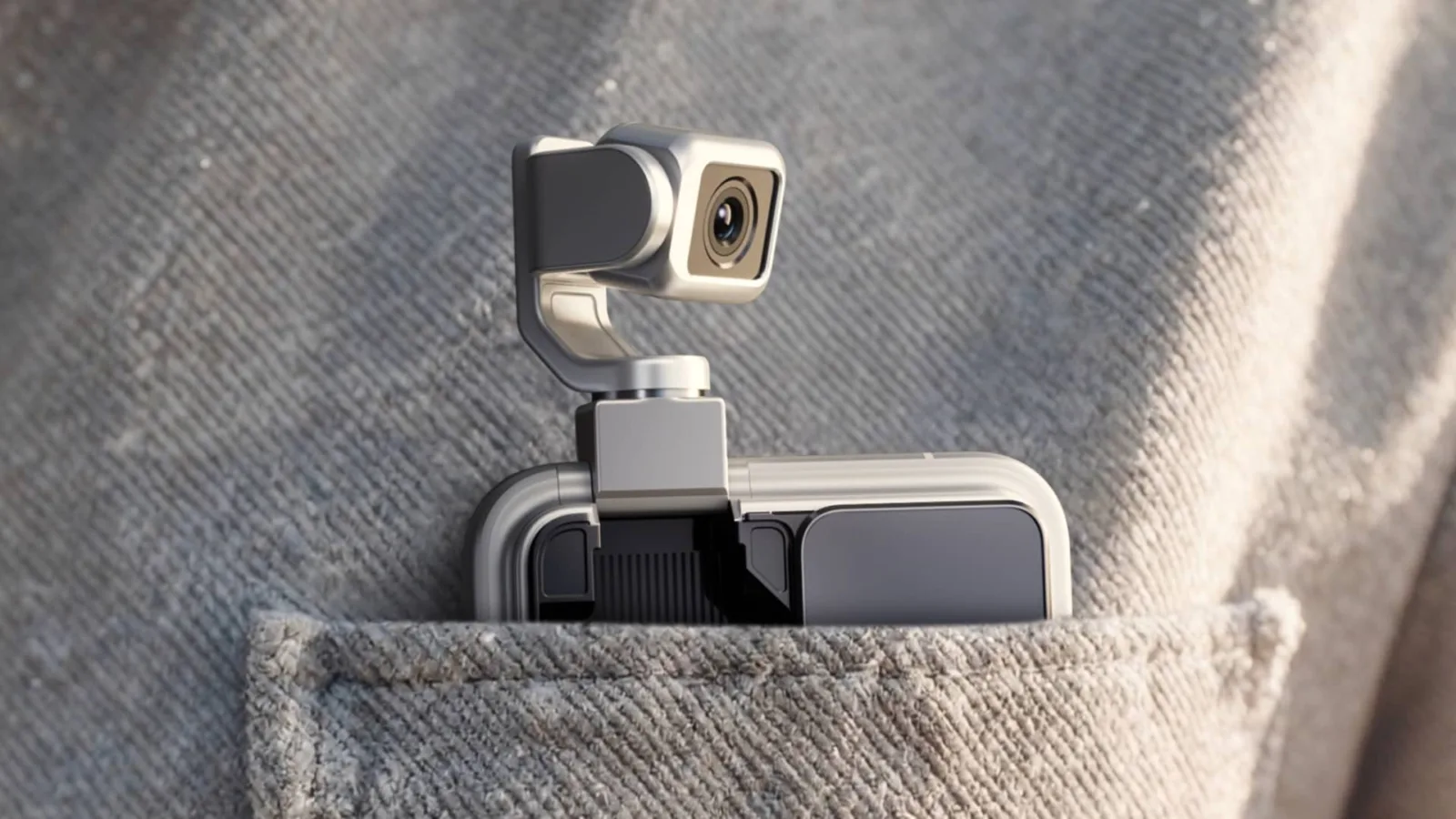 Foldable camera phone in a gray fabric pocket, showcasing innovative mobile device design with integrated camera module for high-quality photography.