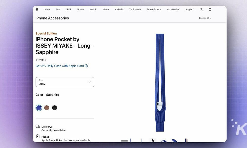 Blue long sapphire iPhone pocket accessory by ISSEY MIYAKE displayed on Apple Store webpage.