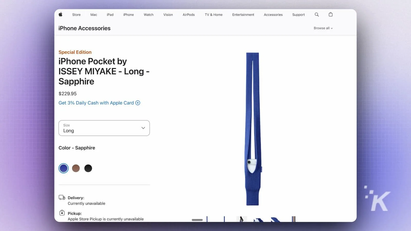 Blue long sapphire iPhone pocket accessory by ISSEY MIYAKE displayed on Apple Store webpage.