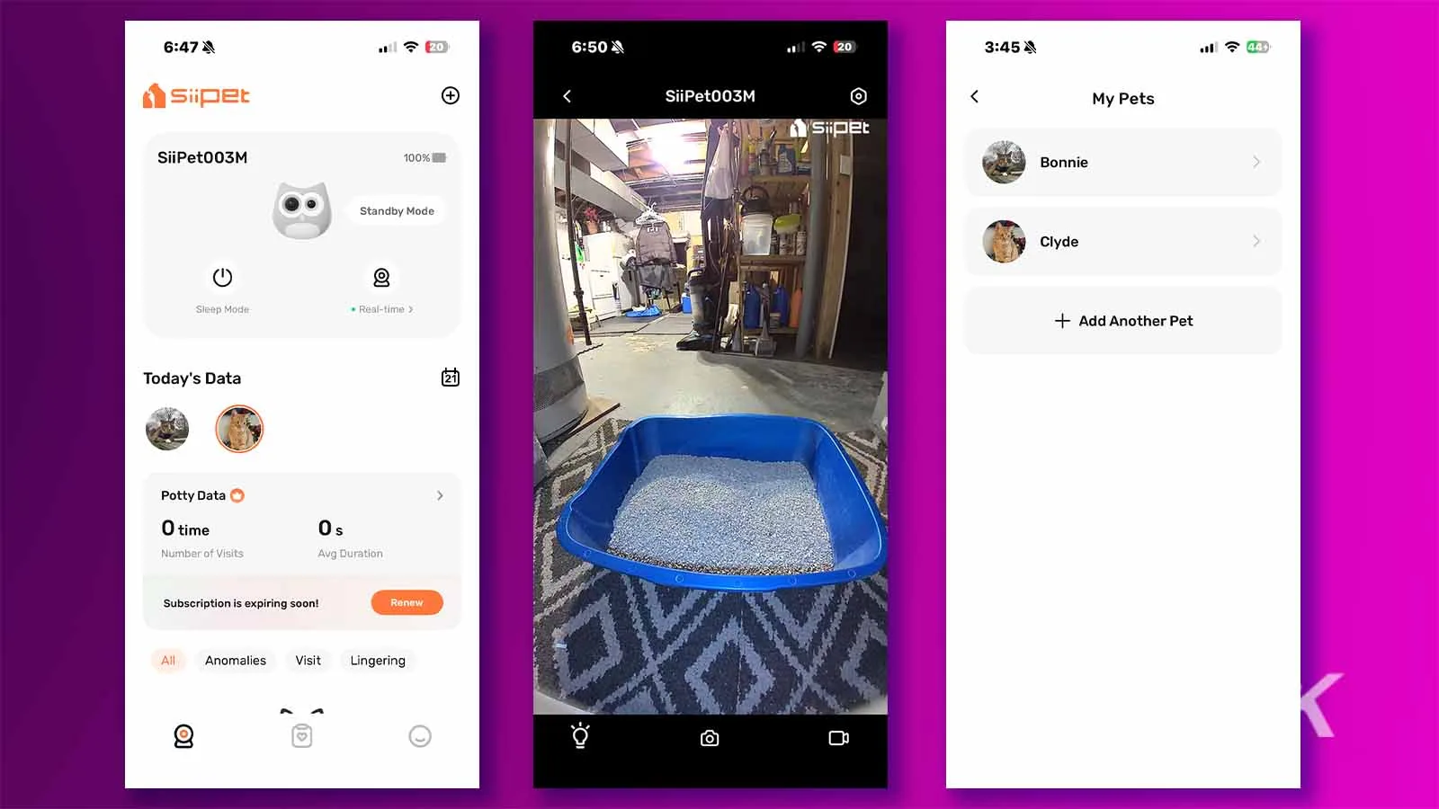 Three SiiPet LitterLens app screens showing pet data.