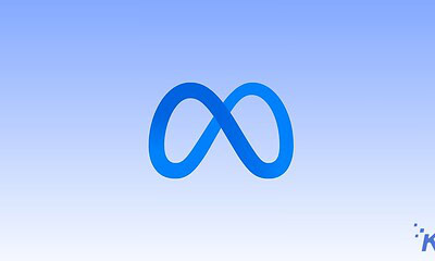 Meta logo on a blue gradient background representing social media and technology branding.