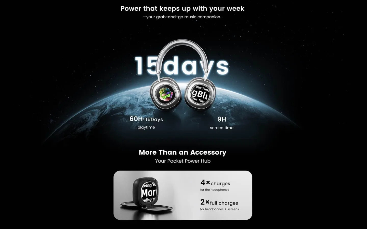 Headphones with extended playtime and charging capabilities.