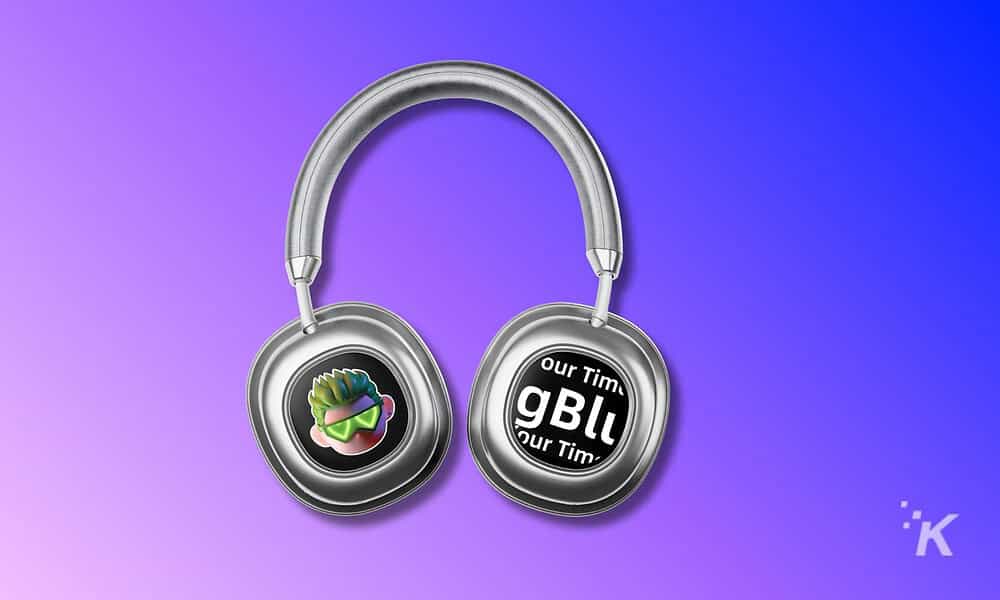 Wireless headphones with digital display and custom graphic design on earpieces, set against a vibrant purple-blue gradient background.