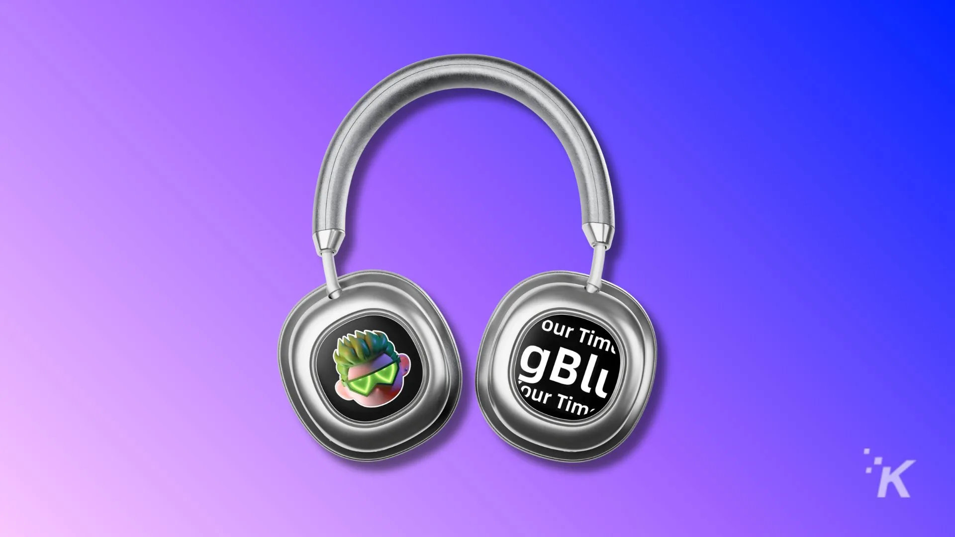 Wireless headphones with digital display and custom graphic design on earpieces, set against a vibrant purple-blue gradient background.