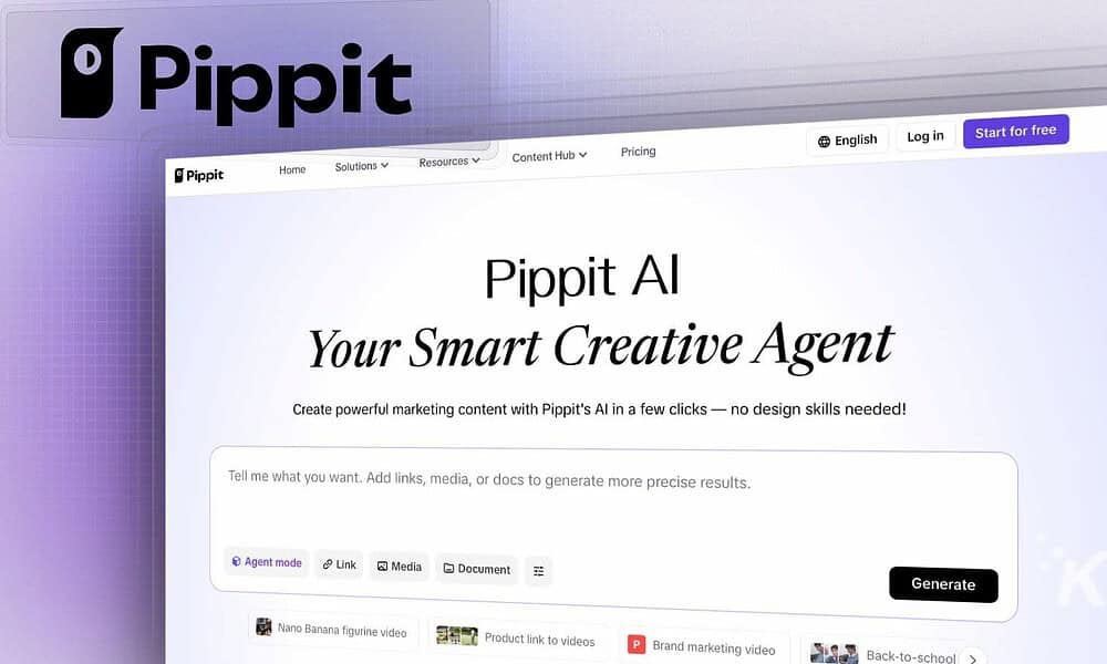 AI-powered marketing content creation platform interface on Pippit website, showcasing tools for generating marketing media with no design skills needed.
