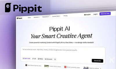 AI-powered marketing content creation platform interface on Pippit website, showcasing tools for generating marketing media with no design skills needed.