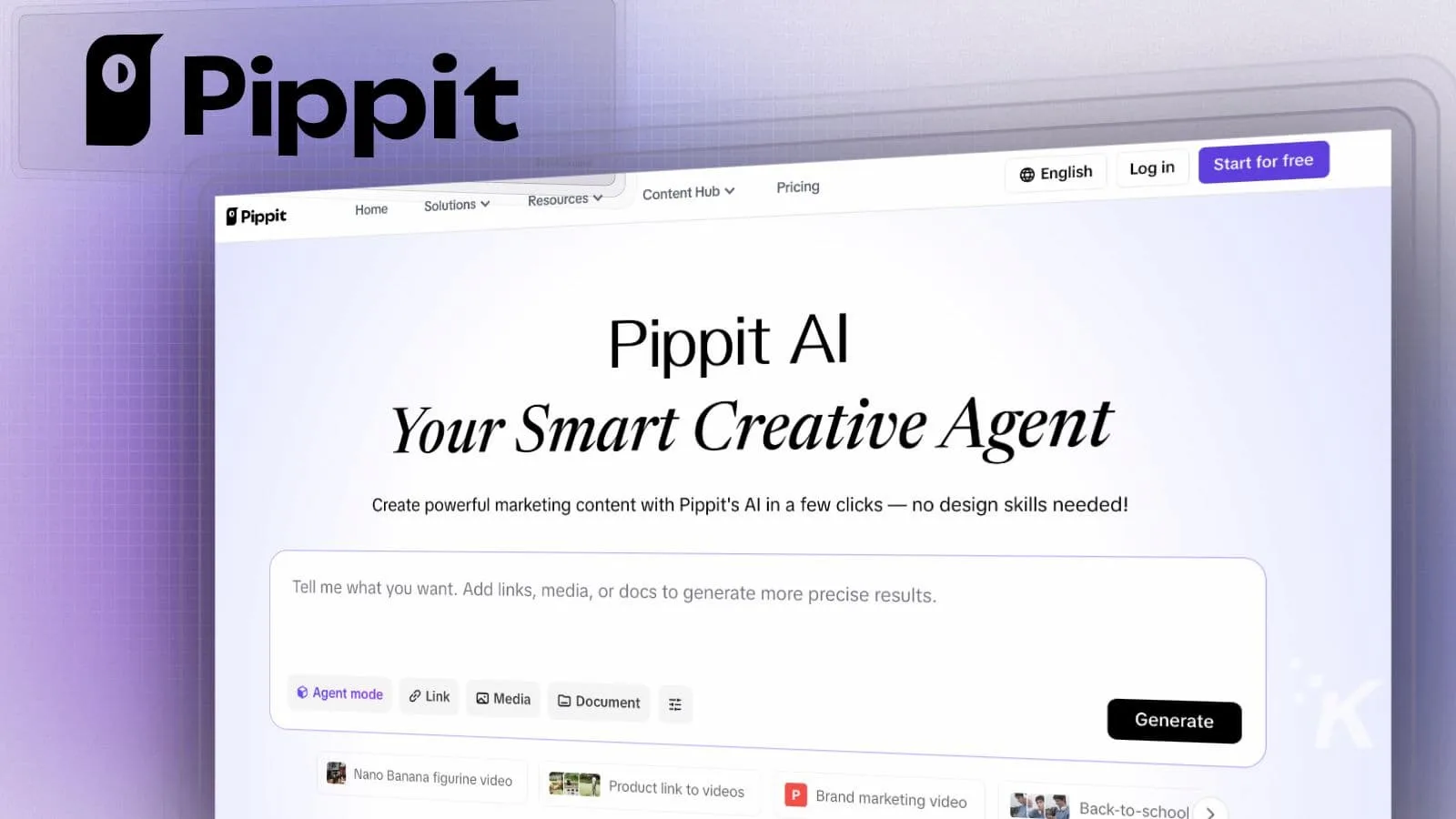 AI-powered marketing content creation platform interface on Pippit website, showcasing tools for generating marketing media with no design skills needed.
