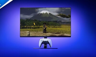 Mount Fuji landscape displayed on a gaming monitor with a PlayStation controller, showcasing advanced gaming technology and high-resolution visuals.