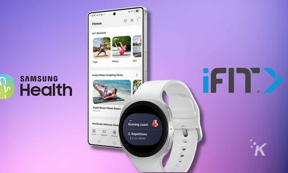 Samsung Health app interface showing workout options with a Samsung Galaxy Watch active displaying a running coach feature, on a purple gradient background.